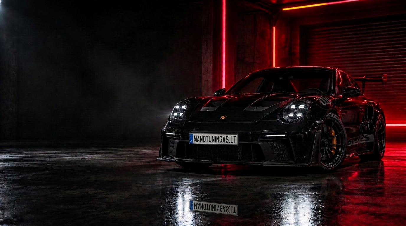 Juodas Porsche 911 GT3 RS tamsiame garaže su raudonu apšvietimu